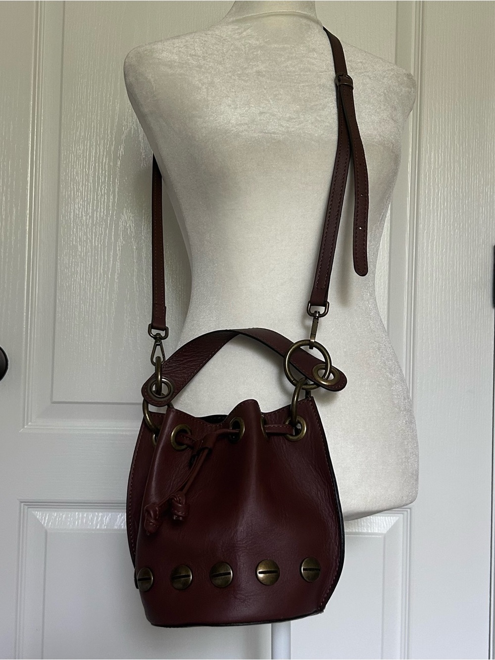 Stella Bianca Brown Italian Leather Brass Studded Drawcord Bucket Crossbody Bag